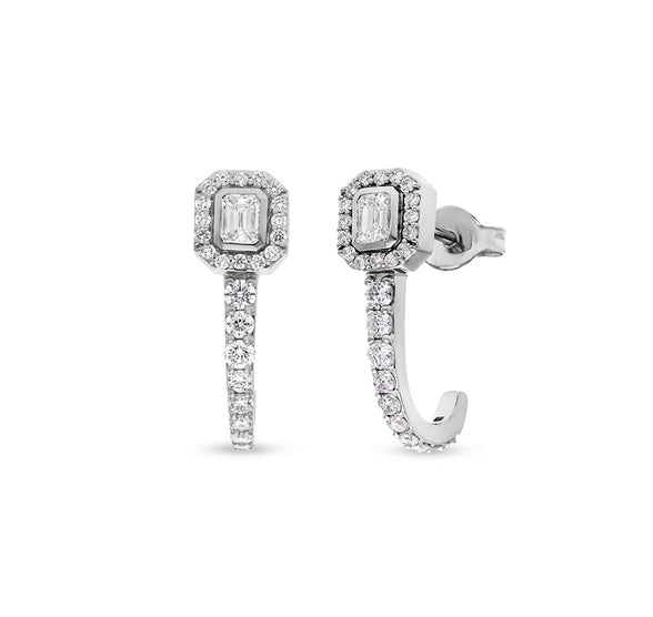 Curve Shape Emerald Cut Diamond White Gold Stud Earrings