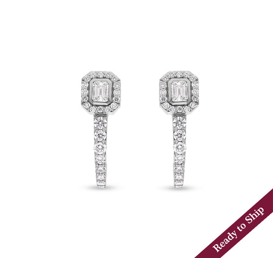 Curve Shape Emerald Cut Diamond White Gold Stud Earrings