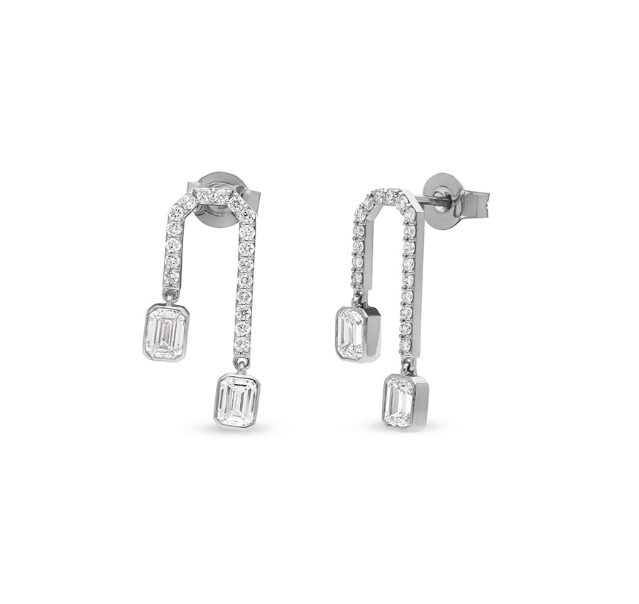 Stiff Drop Emerald Cut Diamond White Gold  Earrings