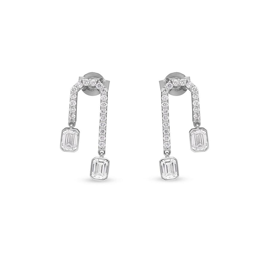 Stiff Drop Emerald Cut Diamond White Gold  Earrings