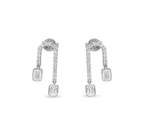 Stiff Drop Emerald Cut Diamond White Gold  Earrings