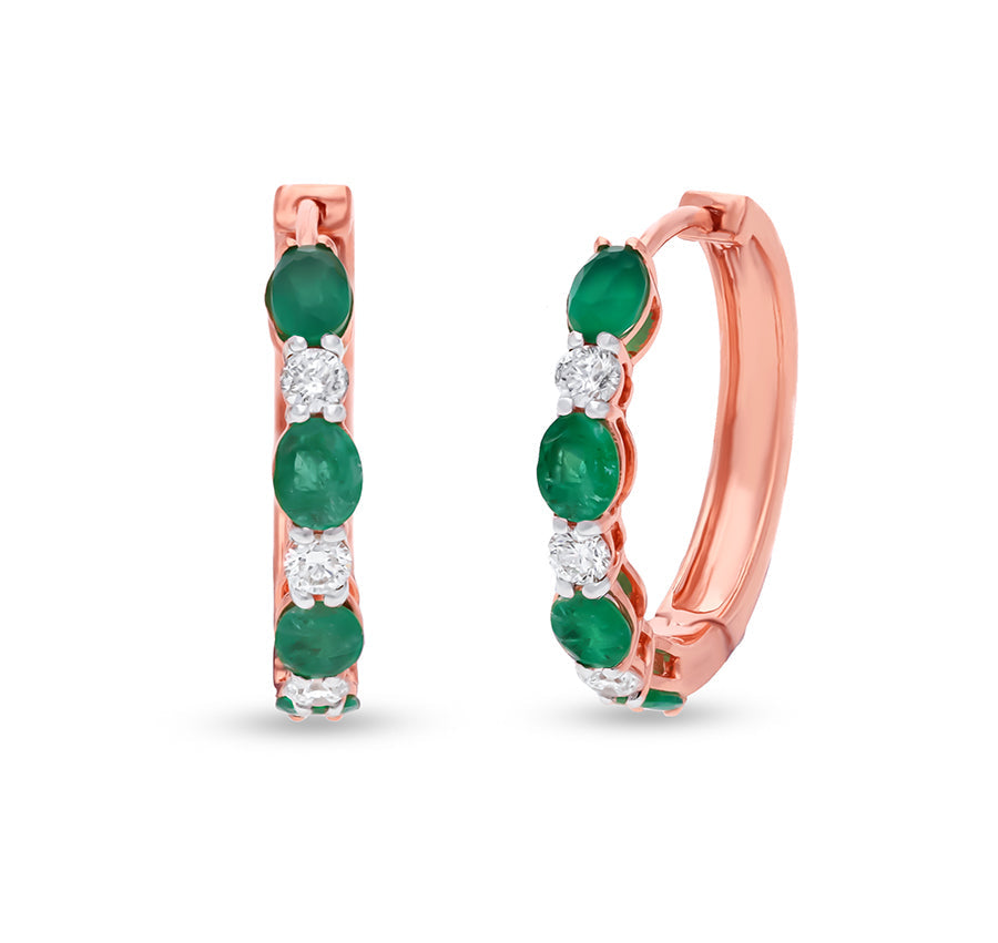 Prong Set Green Oval and Natural Diamond Rose Gold Hoop Earrings