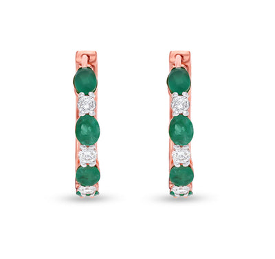 Prong Set Green Oval and Natural Diamond Rose Gold Hoop Earrings