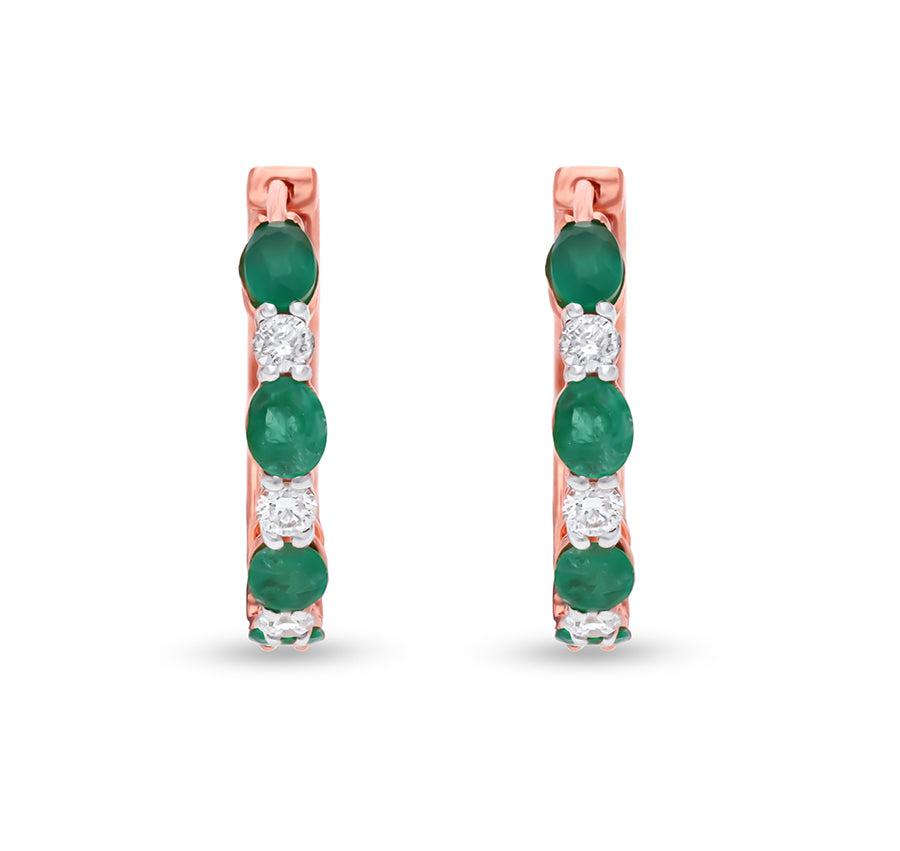 Prong Set Green Oval and Natural Diamond Rose Gold Hoop Earrings