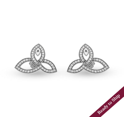 Leaf Shape Channel Setting & Round Cut Diamond White Gold Stud Earrings