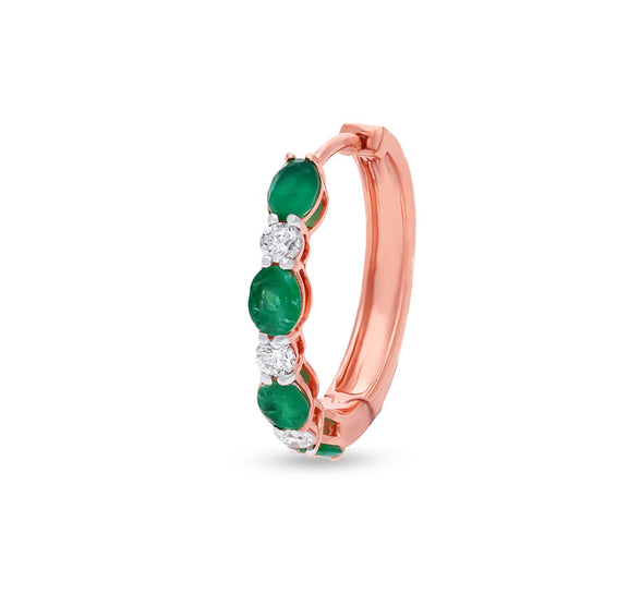 Серьги-кольца зеленого цвета овальной формы с натуральными бриллиантами и розовым золотом 
