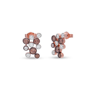 Серьги-гвоздики из розового золота с коричневыми и белыми бриллиантами в форме молекулы 