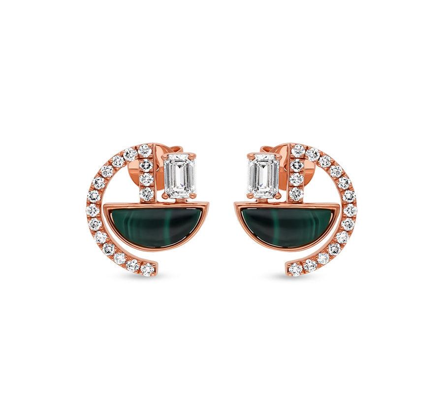 Emerald Cut Diamond and Half-Circle Malachite Rose Gold Stud Earrings