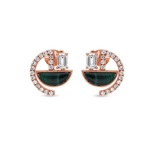 Emerald Cut Diamond and Half-Circle Malachite Rose Gold Stud Earrings