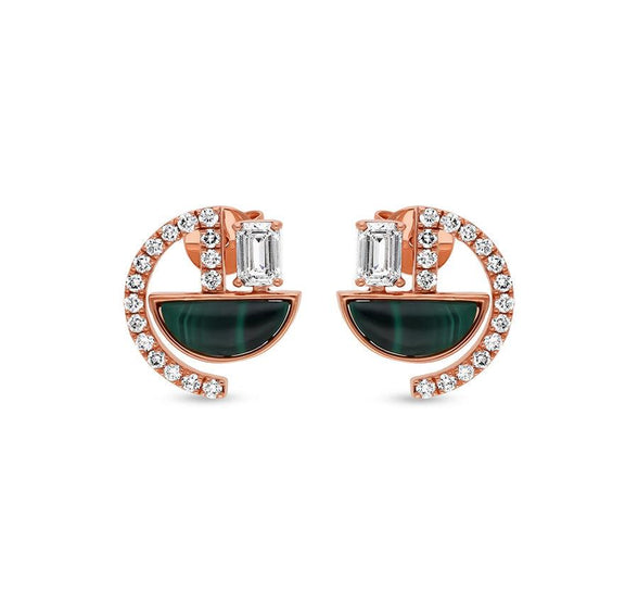 Emerald Cut Diamond and Half-Circle Malachite Rose Gold Stud Earrings