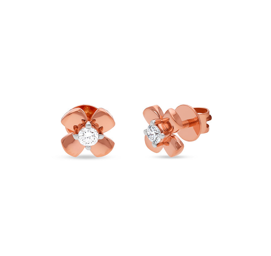 Floral Shape With Center Round Diamond Rose Gold Stud Earrings