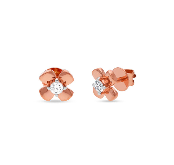 Floral Shape With Center Round Diamond Rose Gold Stud Earrings