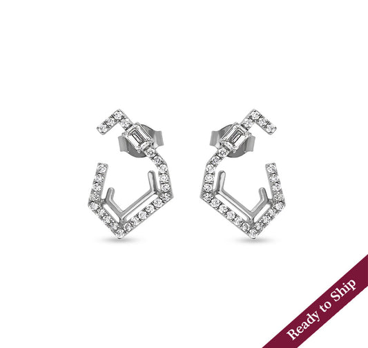 Round and Emerald Shape Diamond White Gold Stud Earrings