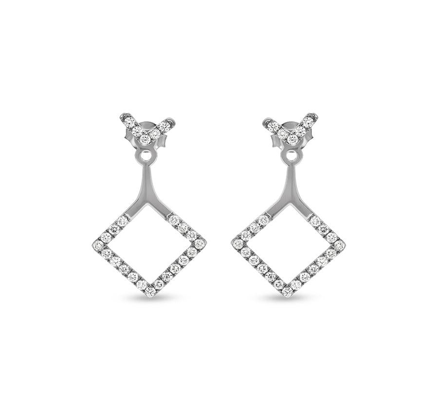 Rhombus Shape Round Natural Diamond White Gold Dangle Earrings