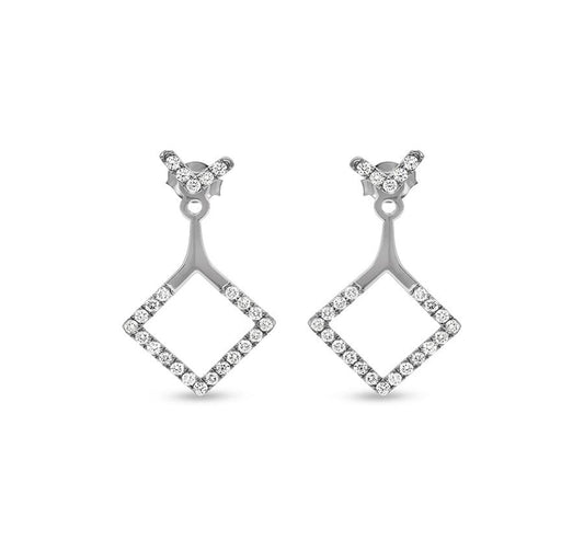 Rhombus Shape Round Natural Diamond White Gold Dangle Earrings