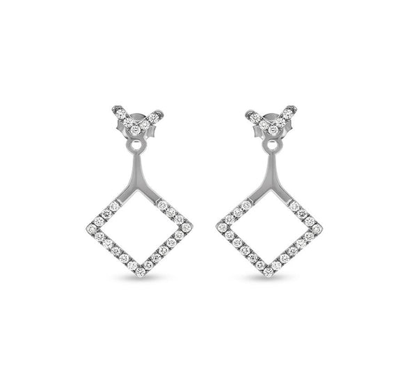 Rhombus Shape Round Natural Diamond White Gold Dangle Earrings