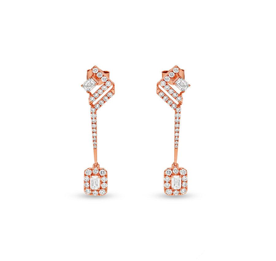 Emerald Cut Diamond Round Prong Setting Rose Gold Dangle Earrings