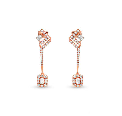 Emerald Cut Diamond Round Prong Setting Rose Gold Dangle Earrings