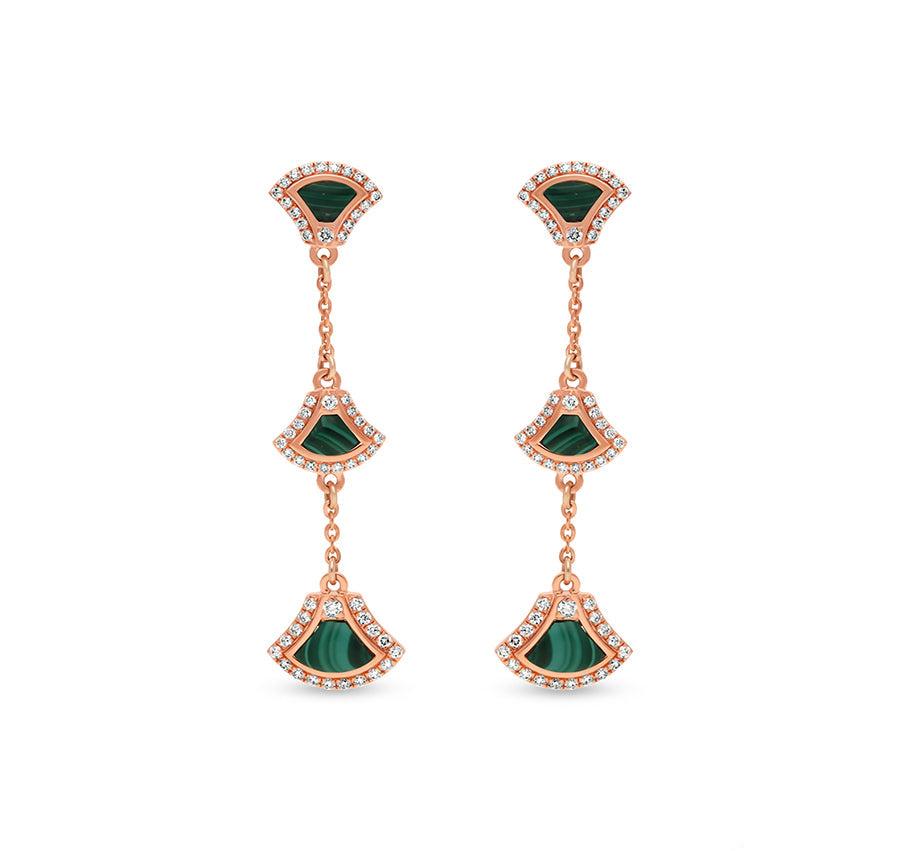 Green Malachite Natural Round Diamond Rose Gold Drop & Dangle Earrings