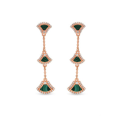 Green Malachite Natural Round Diamond Rose Gold Drop & Dangle Earrings