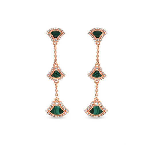 Green Malachite Natural Round Diamond Rose Gold Drop & Dangle Earrings