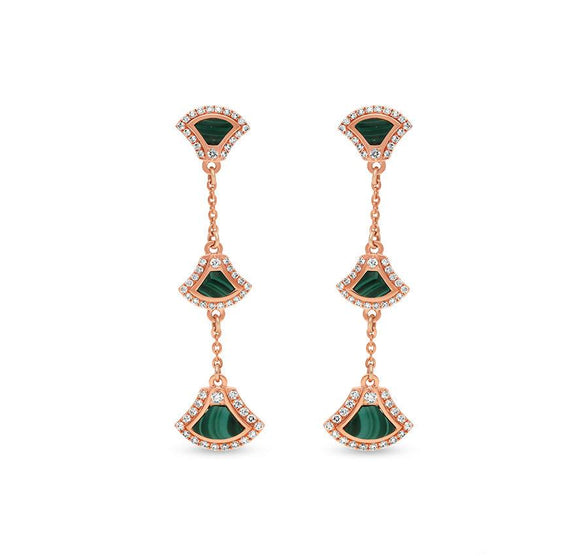 Green Malachite Natural Round Diamond Rose Gold Drop & Dangle Earrings