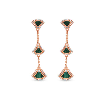 Green Malachite Natural Round Diamond Rose Gold Drop & Dangle Earrings
