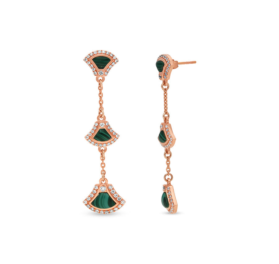 Green Malachite Natural Round Diamond Rose Gold Drop & Dangle Earrings