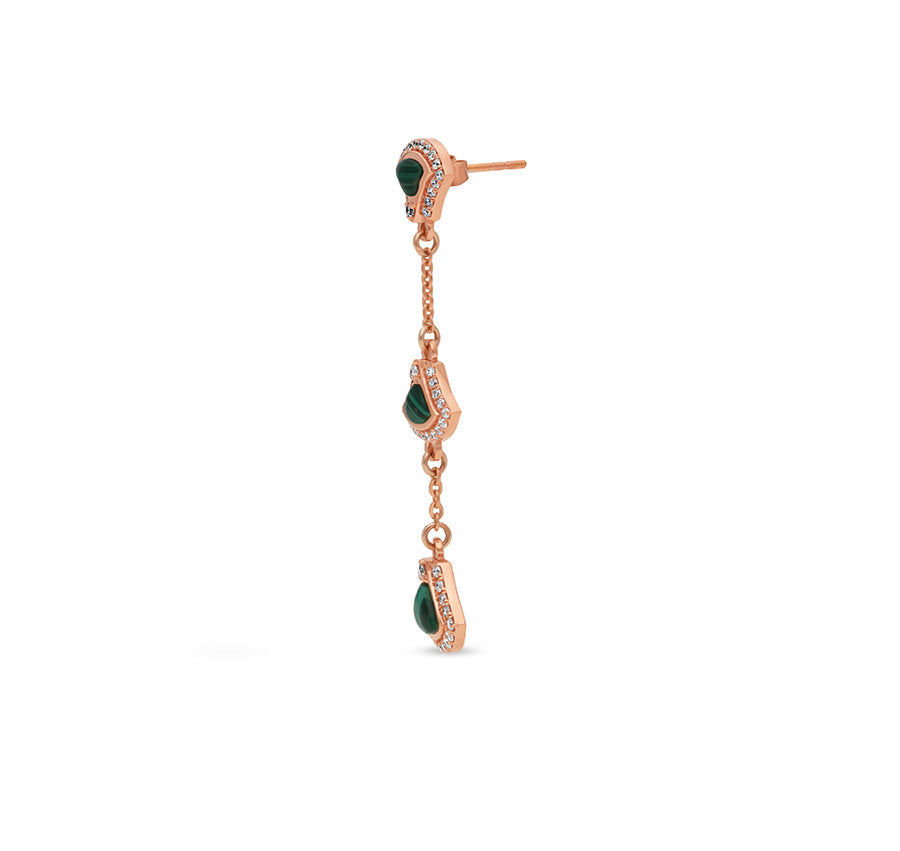 Zaļā malahīta dabīgā apaļa dimanta rozā zelta pilienu un nokarenu auskari 