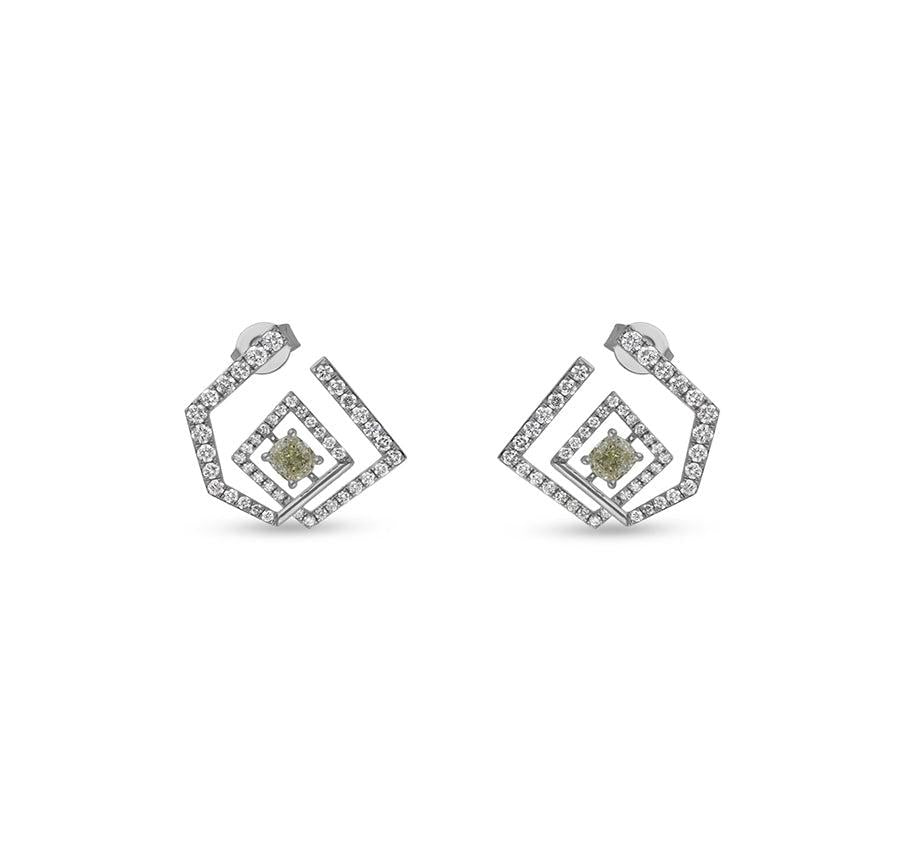 Pentagon Shape With Cushion Cut Diamond White Gold Stud Earrings