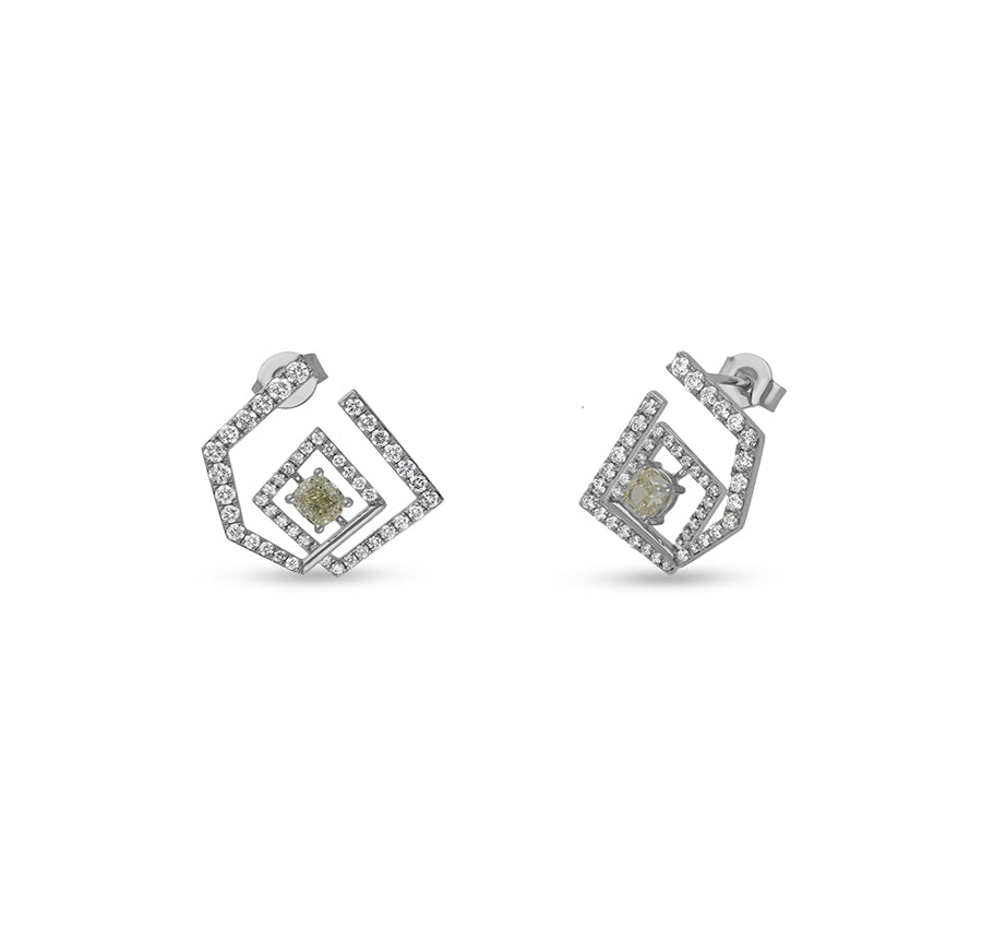 Pentagon Shape With Cushion Cut Diamond White Gold Stud Earrings