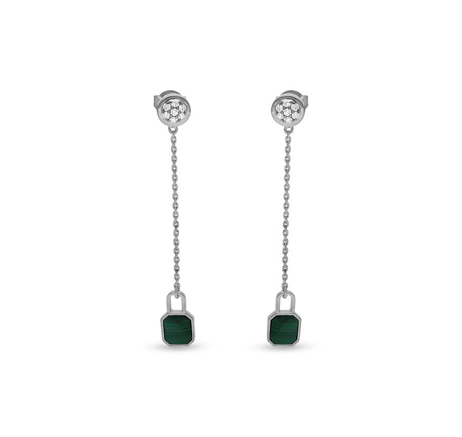 Dangle Lock Green Malachite White Gold Earrings