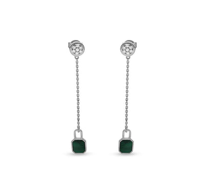 Dangle Lock Green Malachite White Gold Earrings