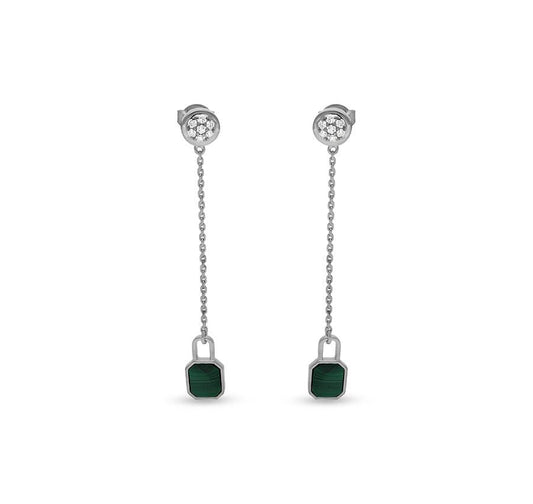 Dangle Lock Green Malachite White Gold Earrings