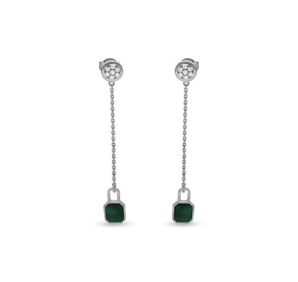 Dangle Lock Green Malachite White Gold Earrings