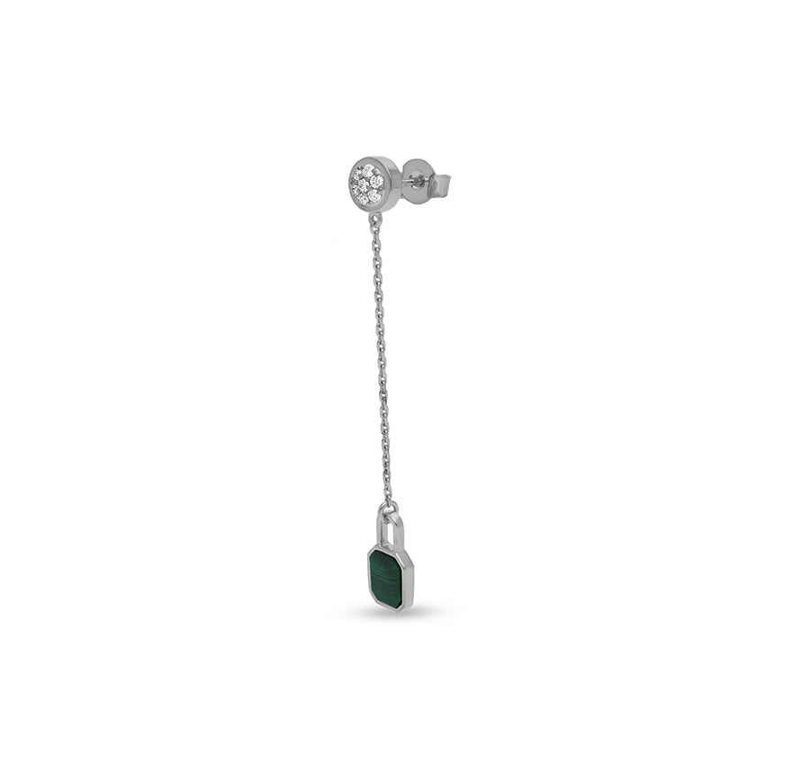 Dangle Lock Green Malachite White Gold Earrings