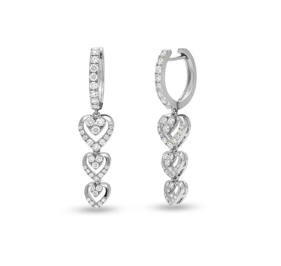 Pressure Setting Heart Shape Natural Diamond White Gold Hoop Earrings