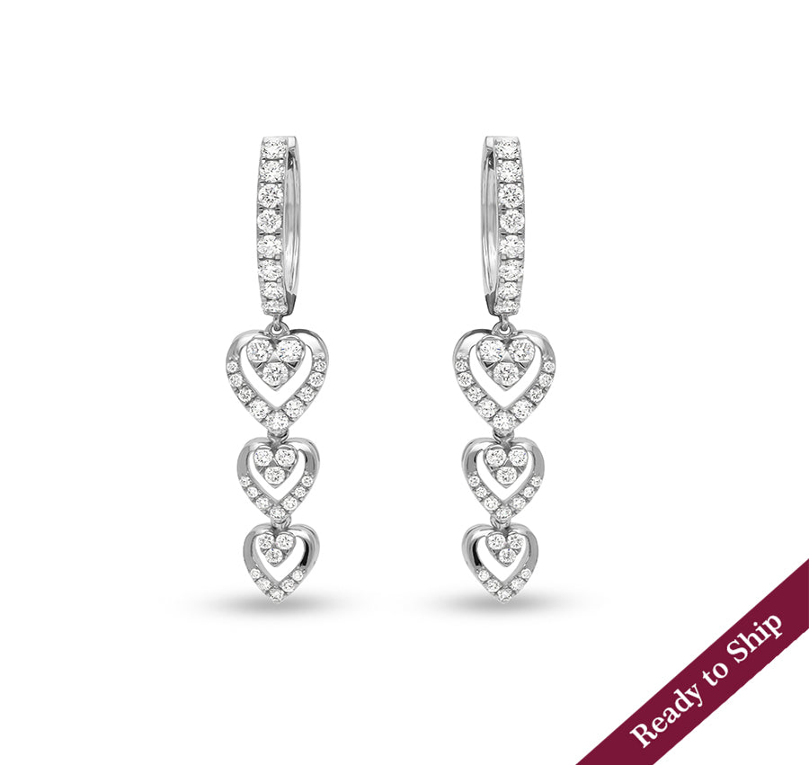 Pressure Setting Heart Shape Natural Diamond White Gold Hoop Earrings