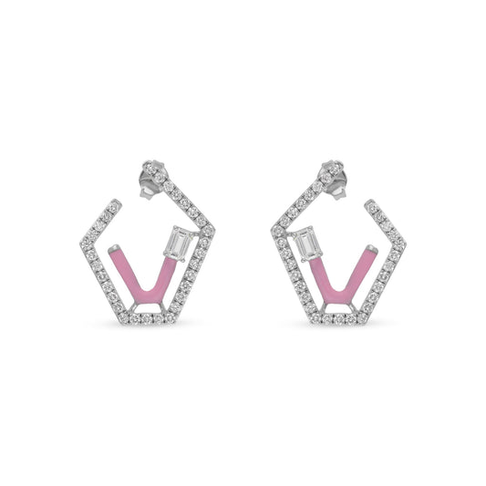 Emerald Cut Center Diamond Pink Enamel Polygon Shape white Gold Stud Earrings