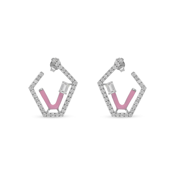 Emerald Cut Center Diamond Pink Enamel Polygon Shape white Gold Stud Earrings