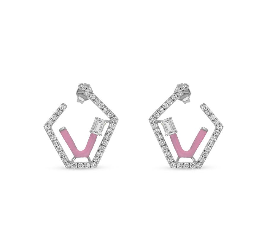 Emerald Cut Center Diamond Pink Enamel Polygon Shape White Gold Stud Earrings