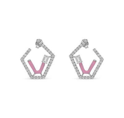 Emerald Cut Center Diamond Pink Enamel Polygon Shape White Gold Stud Earrings