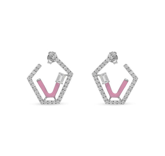 Emerald Cut Center Diamond Pink Enamel Polygon Shape White Gold Stud Earrings