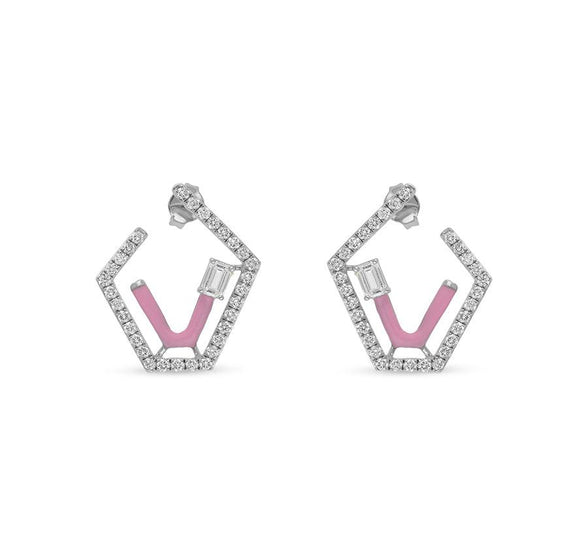 Emerald Cut Center Diamond Pink Enamel Polygon Shape White Gold Stud Earrings