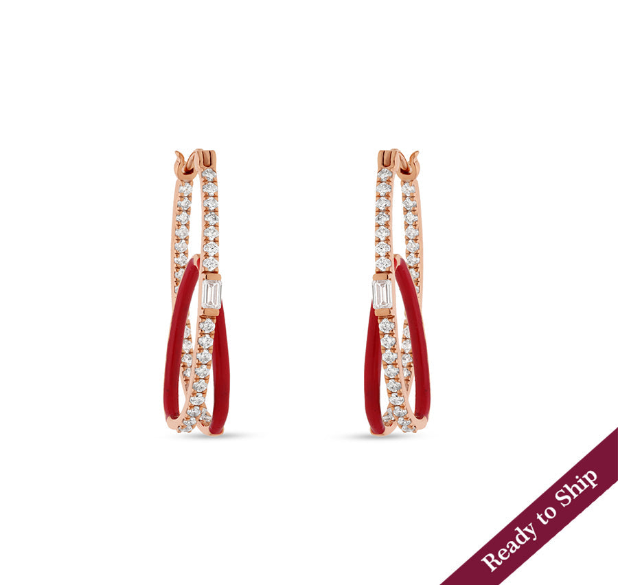 Emerald Cut Center Diamond Red Enamel Rose Gold Hoop Earrings