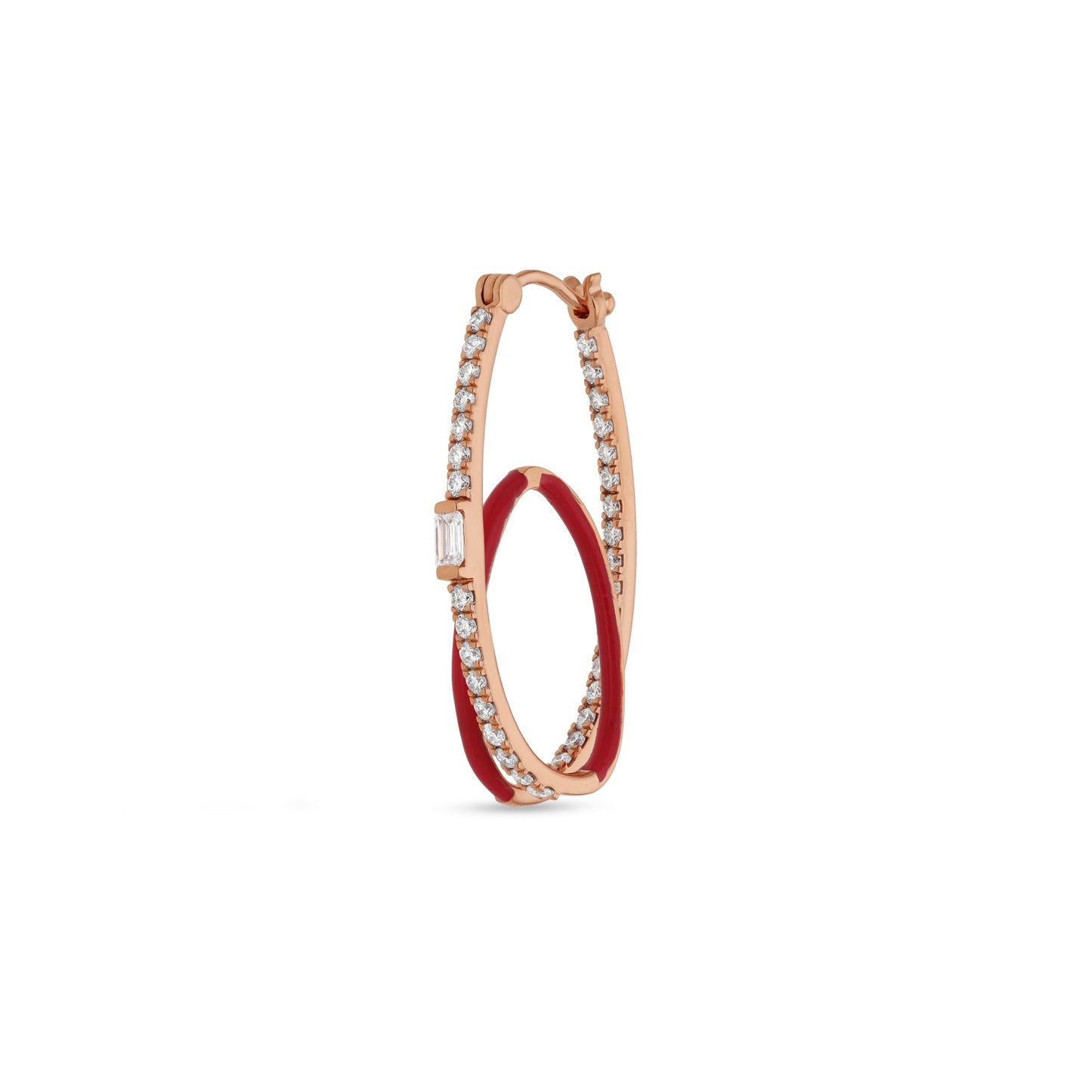 Серьги-кольца из розового золота с центральным бриллиантом изумрудной огранки и красной эмалью 