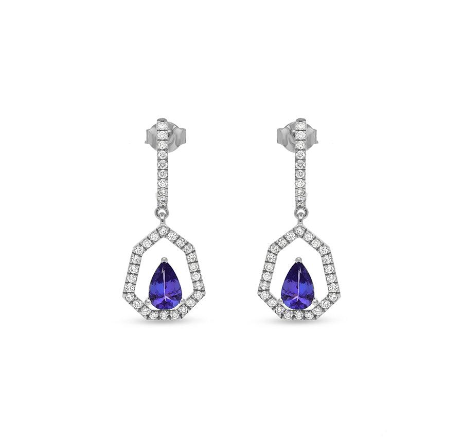 Heptagon Shape Pear Tanzanite Blue Diamond White Gold Dangle Earrings