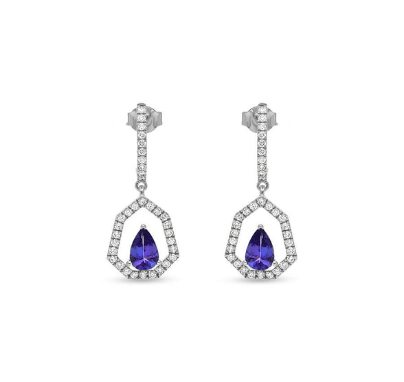 Heptagon Shape Pear Tanzanite Blue Diamond White Gold Dangle Earrings