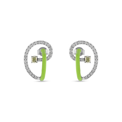 Chartreuse Color Enamel With Cushion Cut Diamond Stud Earrings