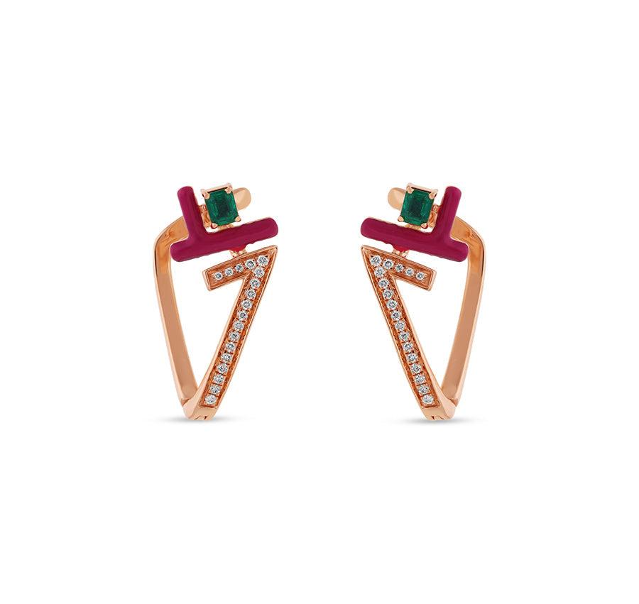 Penrose Triangle Shape With Red Enamel Malachite Emerald Diamond Stud Earrings